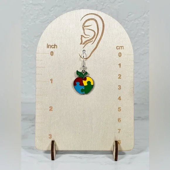 Autism Puzzle Piece Apple Earrings - Picture 5 of 8